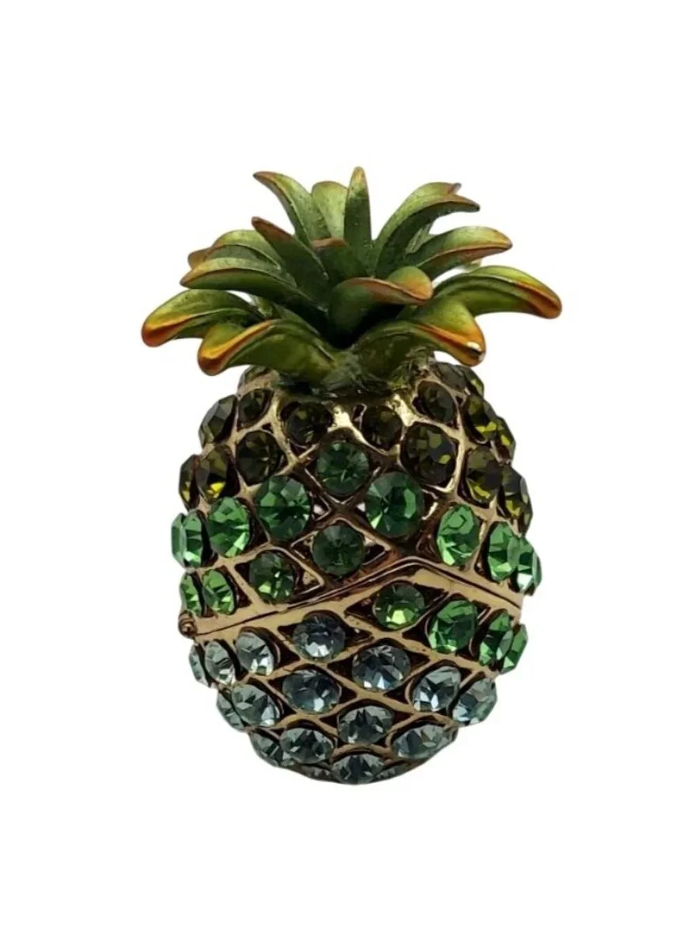 Jeweled Pineapple Hinged Magnetic Trinket Box Goldtone Enamel Blue Green Crystal
